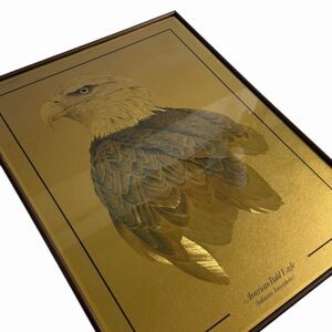 VTG American Bald Eagle Foil Art Print Dufex Metallic Gold Retro 70s 80s  Framed
